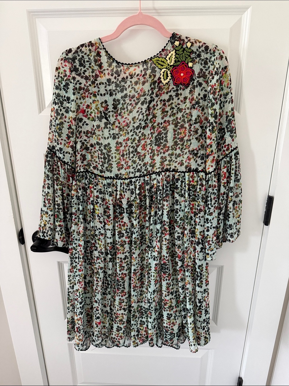 Mint Floral Casual Dress with Red Embroidered Accent